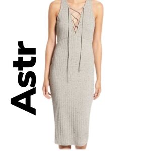 ASTR The Label Gray Heather With Black Dots Lace Up Front Ribbed Knit Dress Sz S